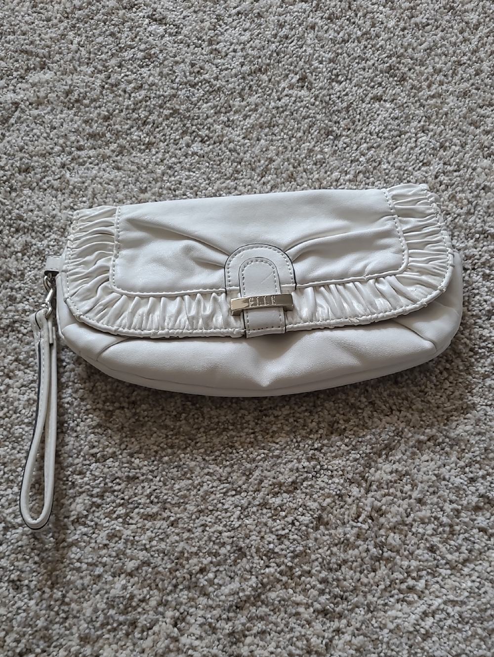 Elle White Ruffle-Trim Wristlet Clutch